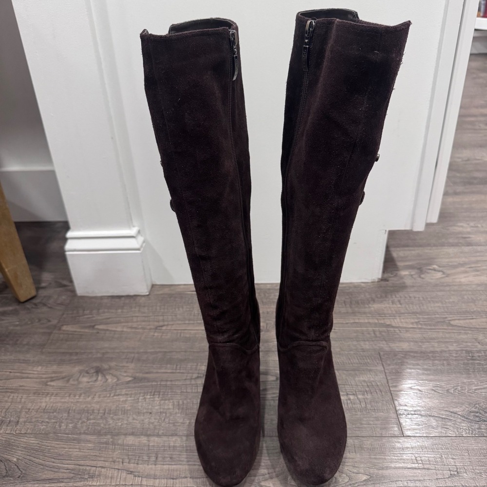 Guess Womens Brown Suede Knee High Platform Stiletto Boots Lug Sole Size 8.5